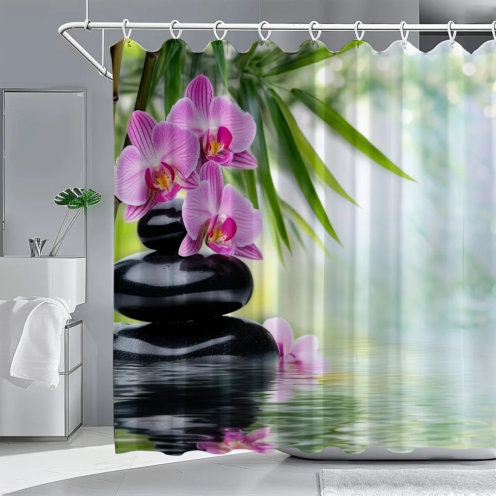 Pink Orchid and Zen Stones Shower Curtain Waterproof Easy to Clean Privacy Protection Print Spa Design Peaceful Nature 12hooks