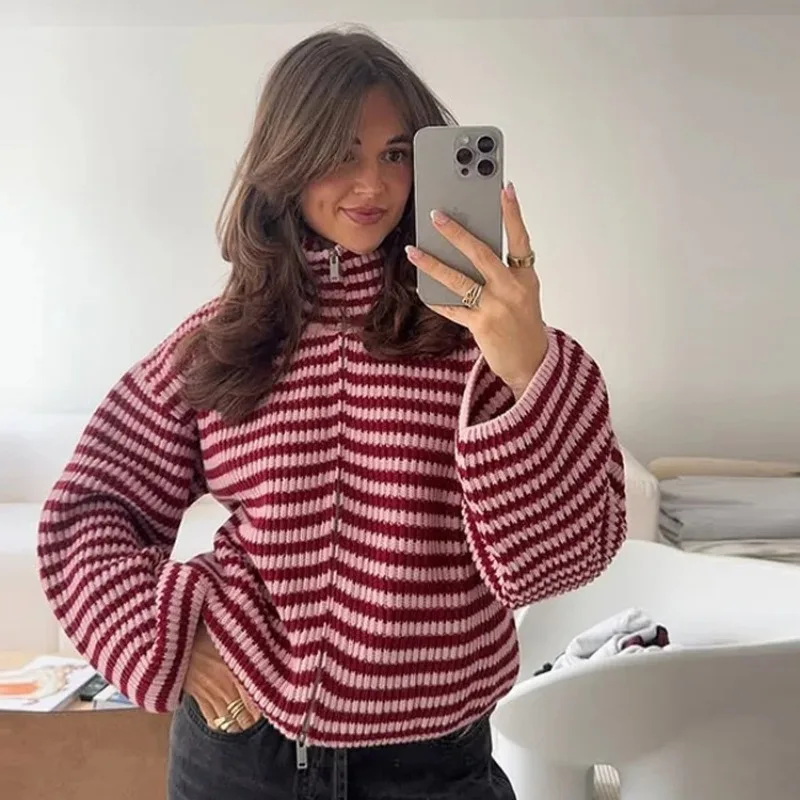 

Cardigan for Women Spring Autumn New Female Sweater Casual Long Sleeve Zipper Knitted Coat Fashion Stand Collar Stripe Knitting