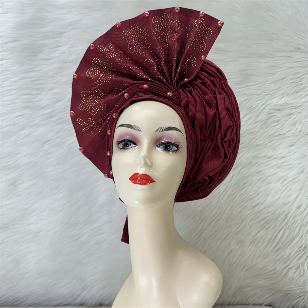 Fashion Pure Color Nigerian Gele Headtie Aso Oke Gele Already Made Auto Gele Aso African Turban Cap With Beads For Party 1Piece