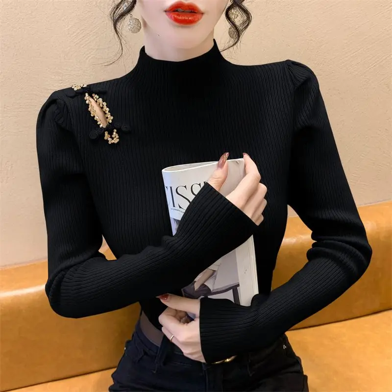 Crystal Knot Button Knitted Sweater New Autumn Winter Elasticity Slim Turtleneck Sweater Long Sleeve Office Lady Elegant Shirt