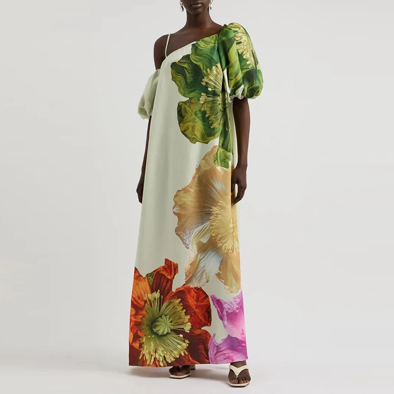 Sexy ombro inclinado férias vestido de festa feminino casual mangas puff solto bohe vestido moda posicionamento impressão drapeado vestido longo