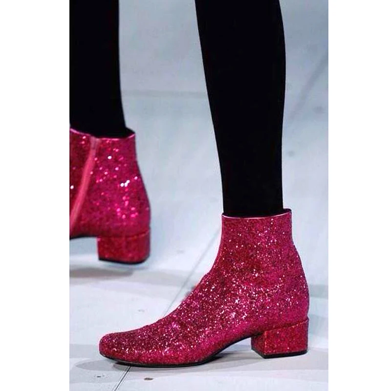 

Women Hot-Pink Sequins Glitter Ankle Boots Round Toe Ladies Zipper Fuchsia Bling Boots Low Heel Spring Sexy Boots