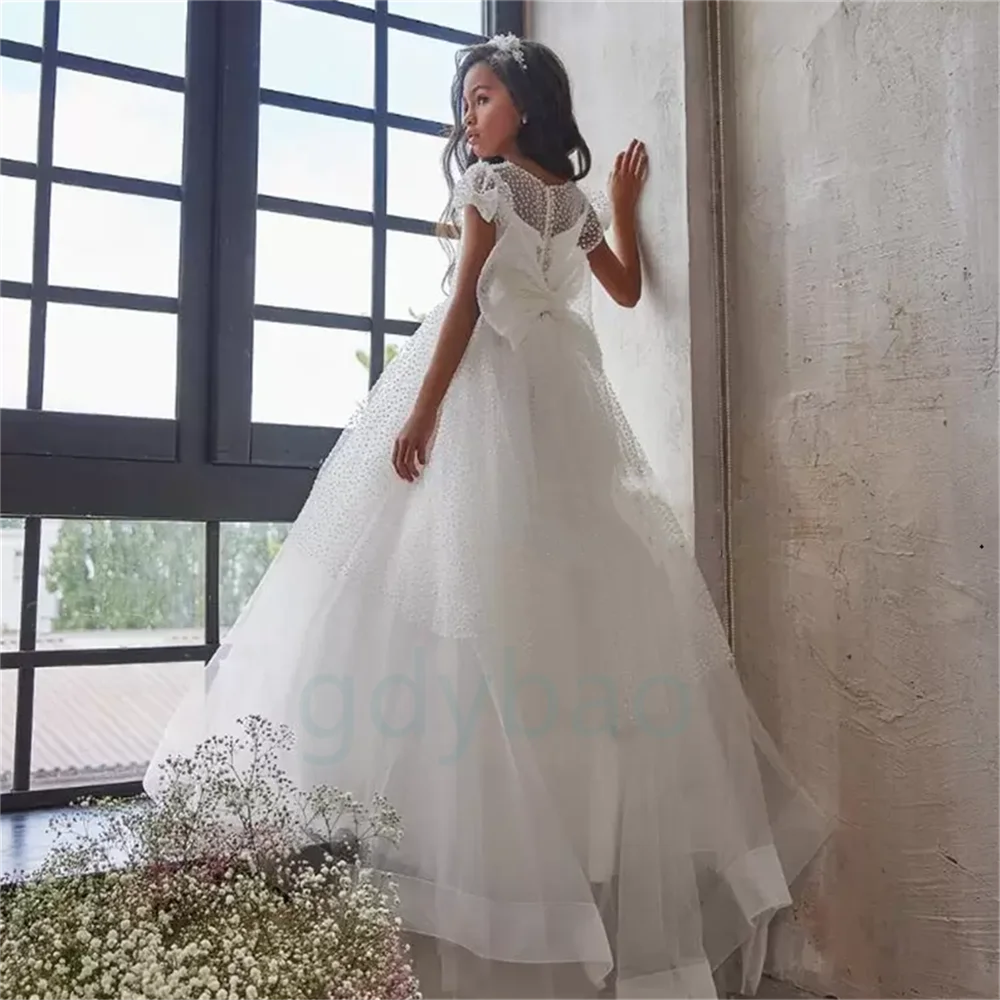 

White Flower Girls Dresses Sleeveless Lace Applique Tulle Fluffy Floor Length Girls First Holy Communion Princess Dresses