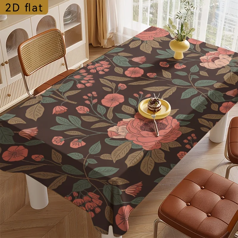 Vintage Peony Tablecloth, Dark Brown Background With Pink Floral Pattern, Waterproof Table Cover for Daily Meals & Party Use