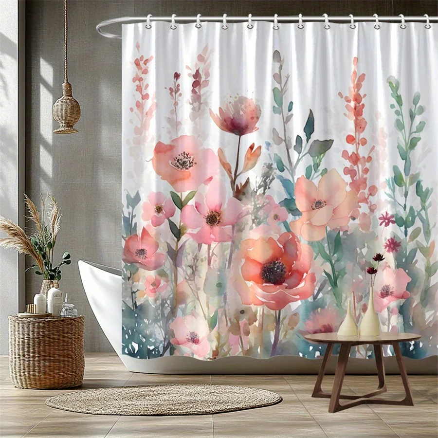 水彩画の花柄シャワーカーテン-–-ピンクピーチコーラルからブルーのグラデーション、ボタニカルプリント、2dフラットプリント、ポリエステル、グロメットトップ