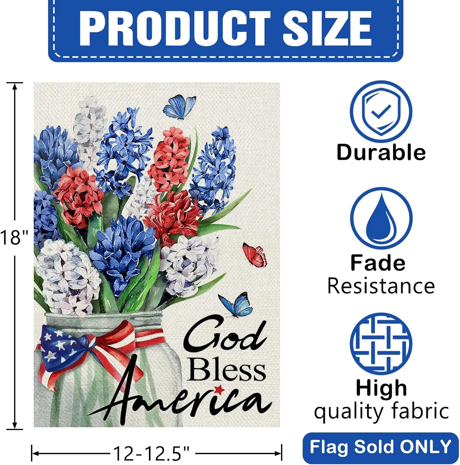 Dyrenson God Bless America 4th of July Patriotic Decorative Garden Flag, American Hyacinth Floral Flower Mason Jar Yard Outside