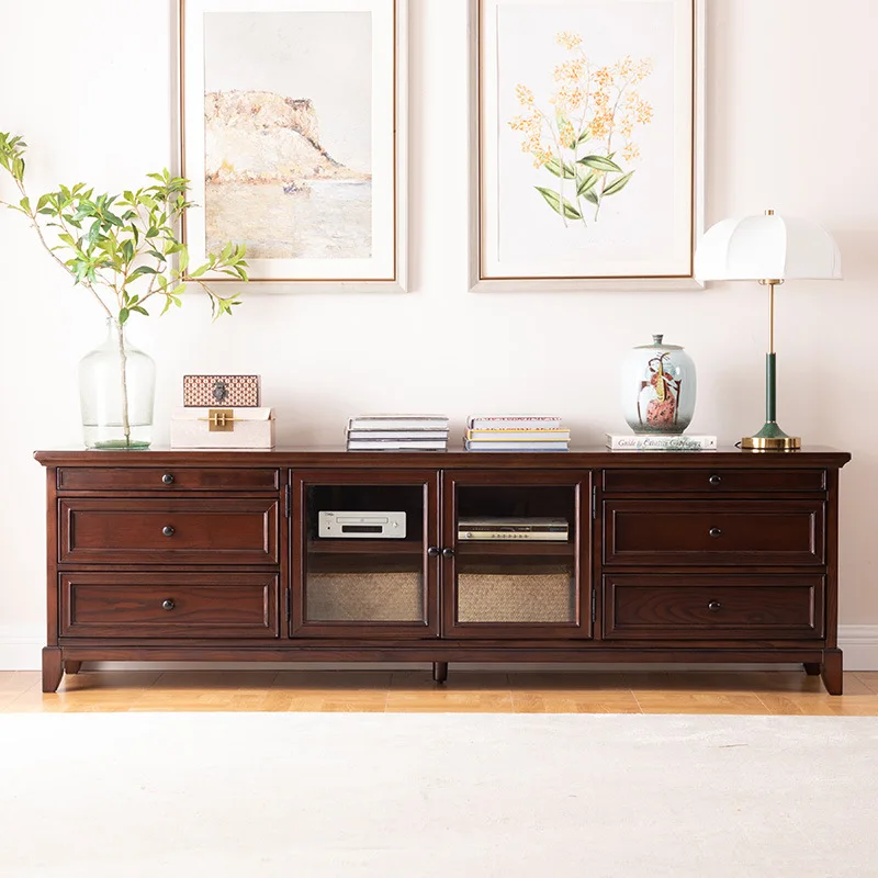 All solid wood simple and beautiful retro TV cabinet coffee table combination walnut color storage floor cabinet  wood cabinet