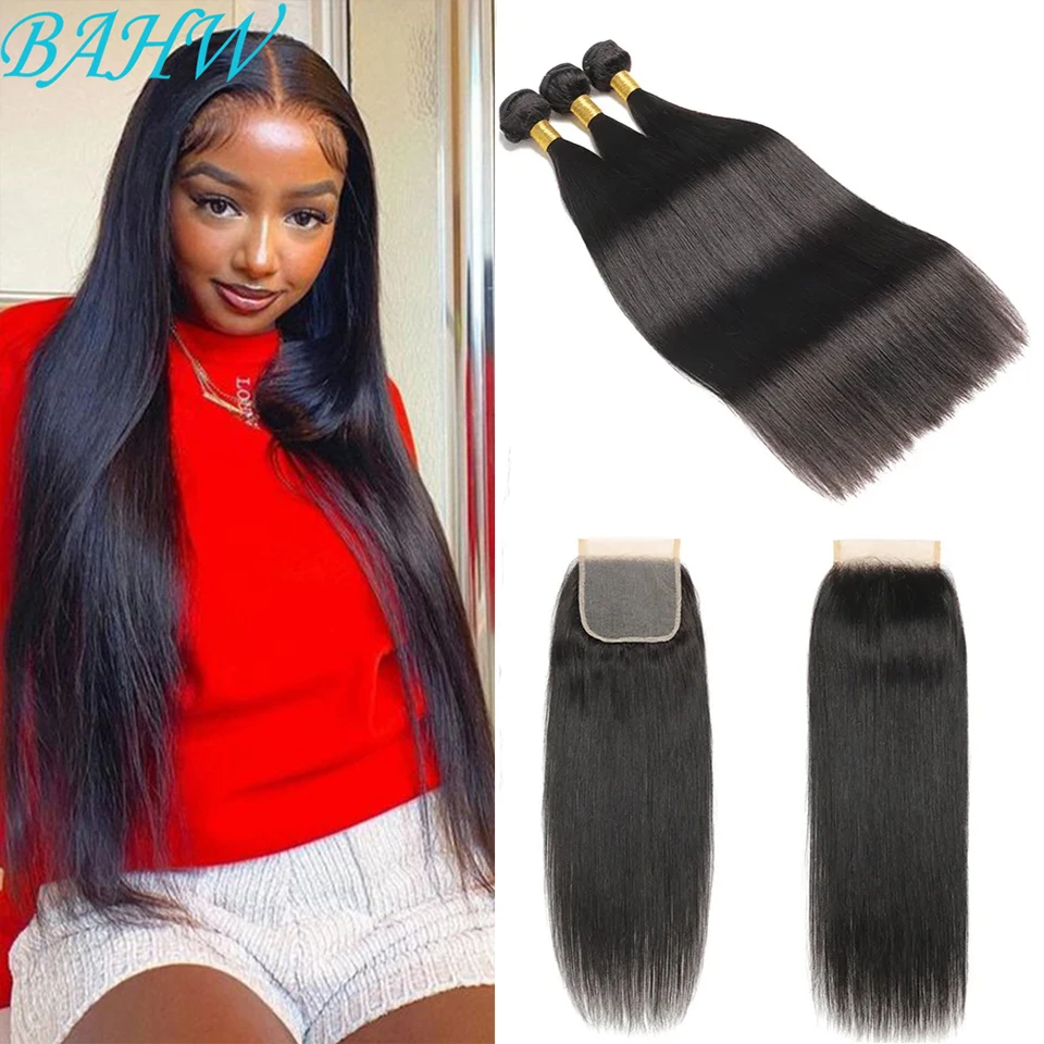 

Brazilian Bone Straight Human Hair Bundles With 4x4 Lace Closure 30Inch Raw Hair Weave Natural Color Virgin Hair Cheap Wholesale