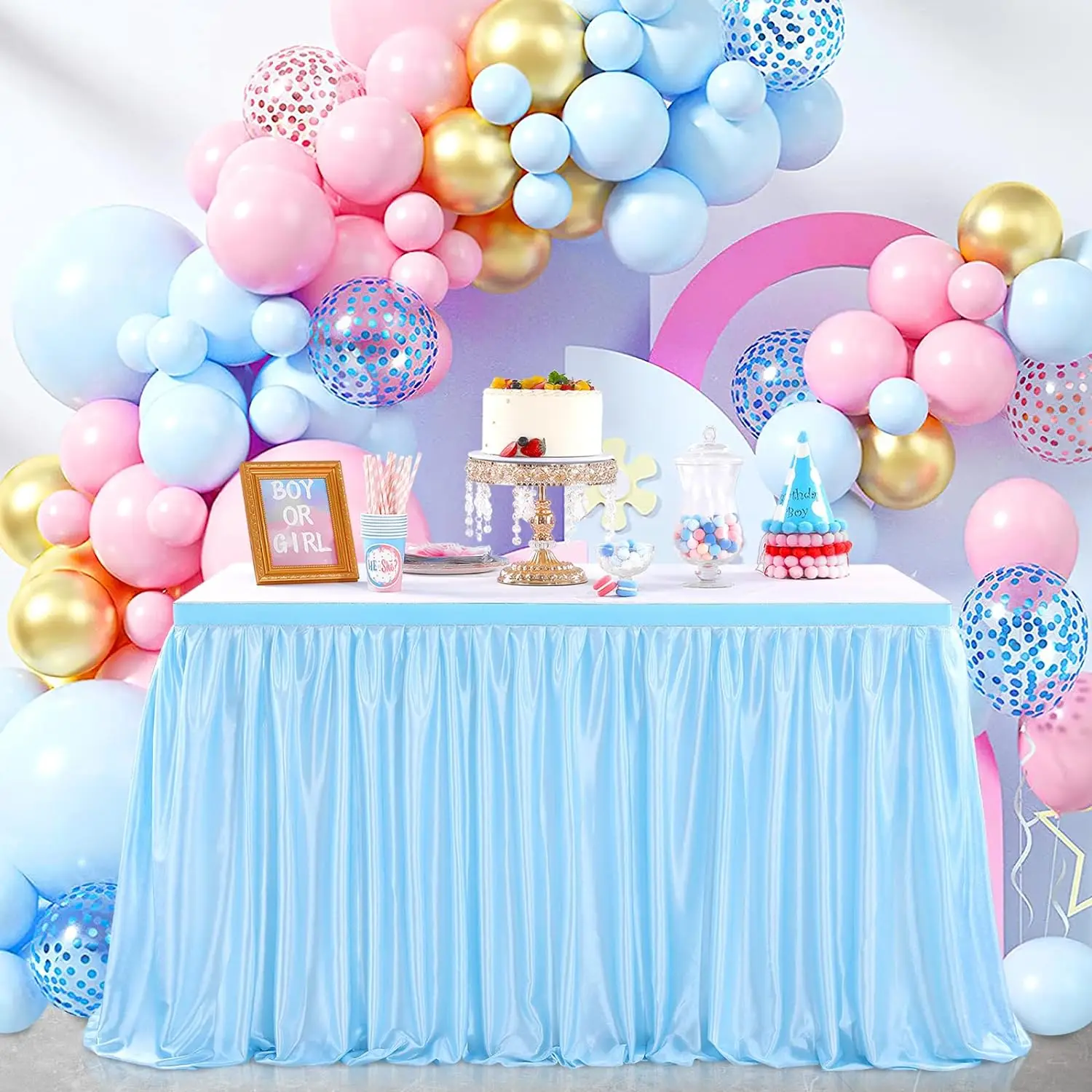 4 Piece 9ft Blue Tablecloths for Rectangle Tables Fitted, Open Back Stretch Blue Ruffle Tablecloth for Baby Shower Birthday Part