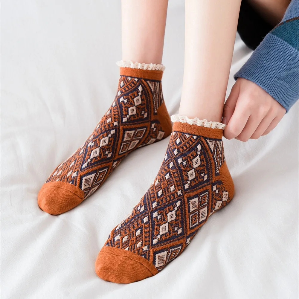 Summer Cotton Breathable Short Socks Korean Plaid Harajuku Retro Lacework Frilly Ruffle Sock Girl Invisible No Show Sock 2023New