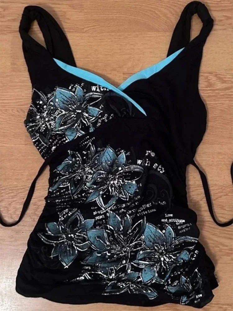 Summer Black Blue Floral Print V Neck Ribbed Side Drawstring Daily Sexy Slim Y2K Retro Trendy Women's Casual Cami Tank Tops