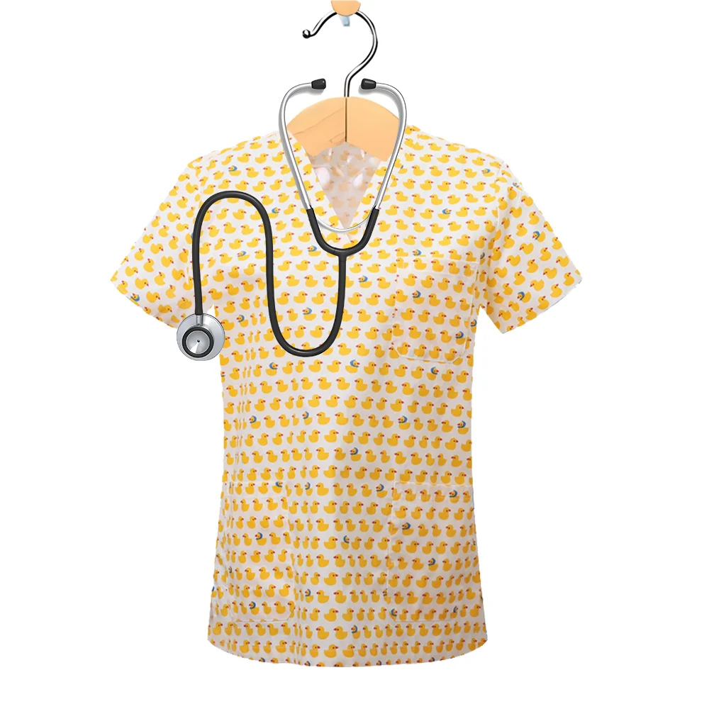 

Print Scrubs Top Women with Pockets V-Neck Scrub Uniforms Pet Grooming Nurse Spa Caring Shirt Uniformes De Enfermería Para Mujer