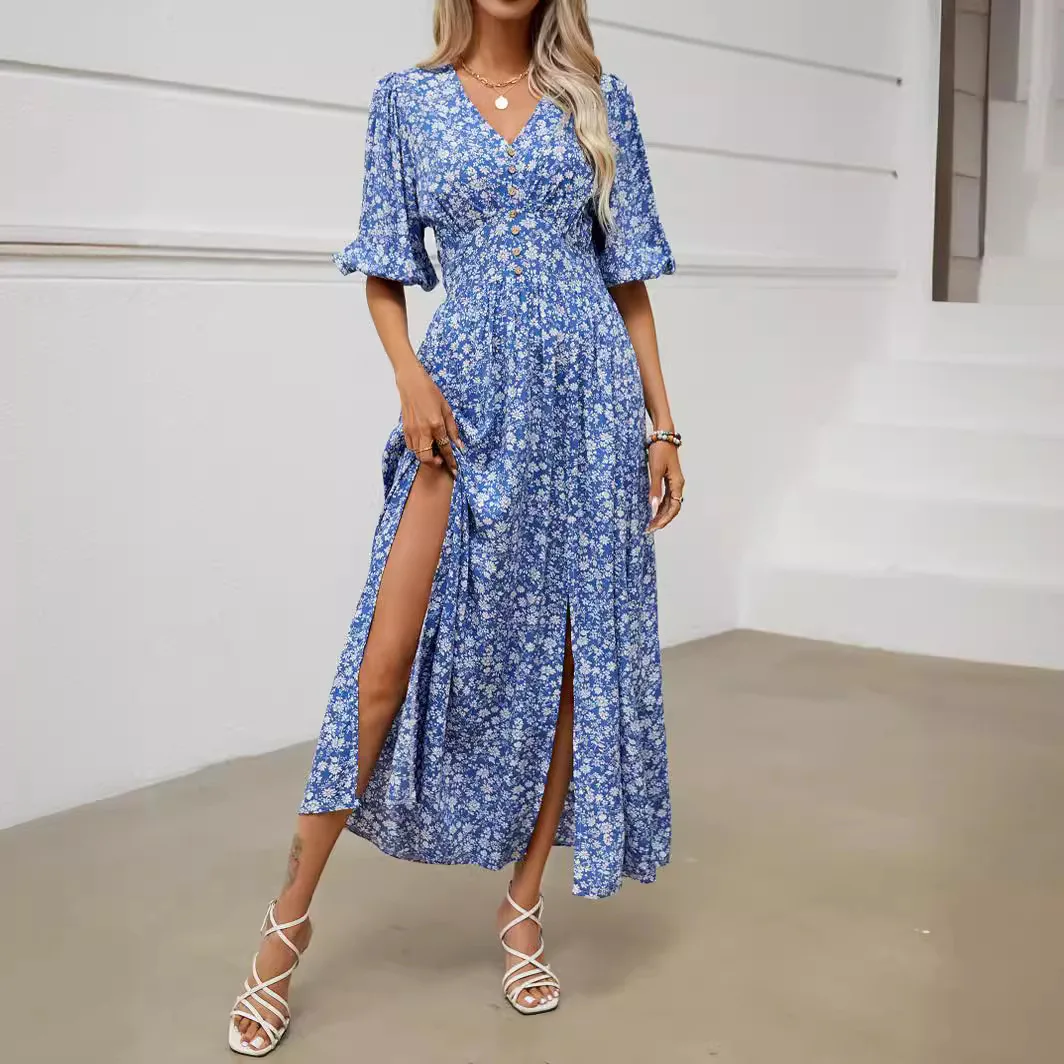 Women 2024 Summer Maxi Dress V Neck Hal Puff Sleeve Front Split Blue Elegant Boho Beach Holiday Party Beach Dresses Vestidos