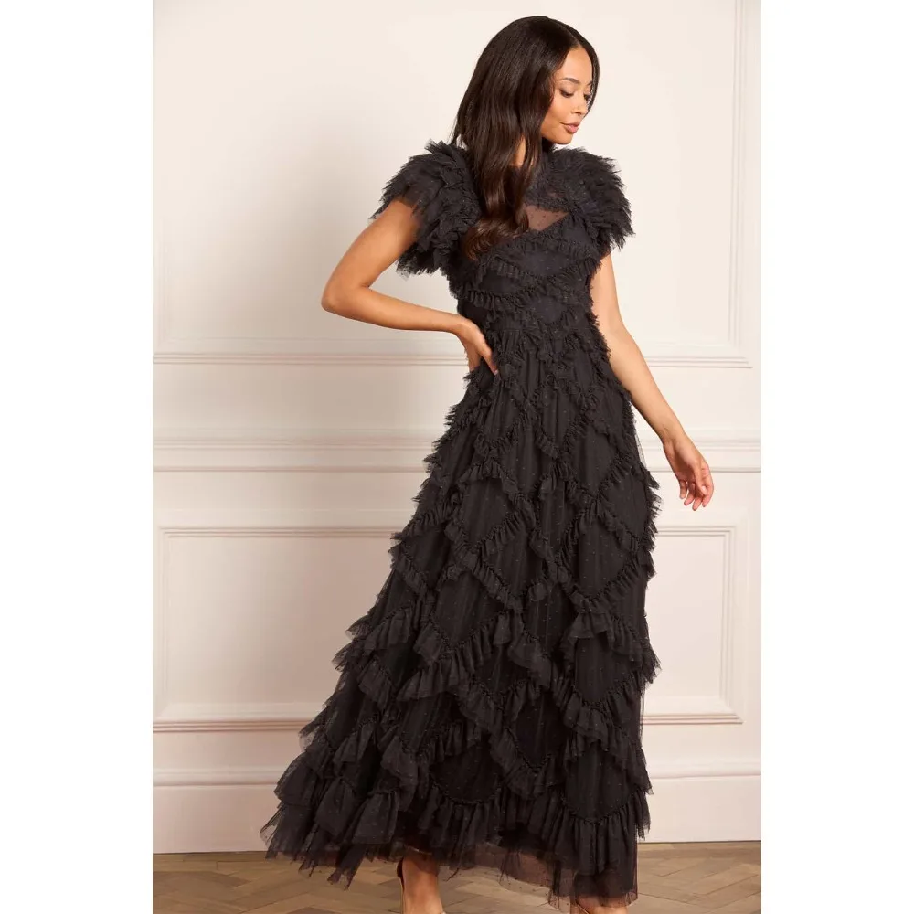 

Customized Cute Ruffles Evening Dresses Black Tulle Luxury Party Dress Long Elegant Modern Prom Cocktail Gowns for Women 2026