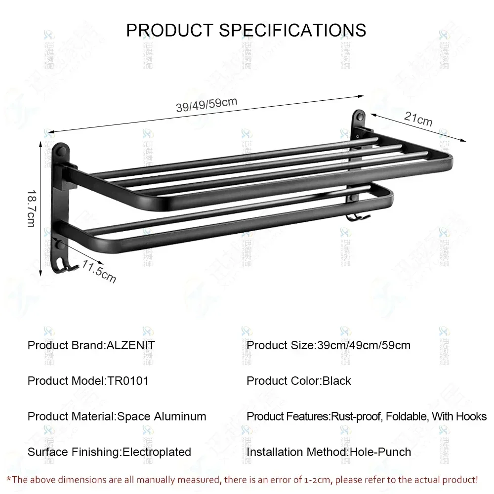 Handdoekenrek 40-60 Cm Vouwen Houder Met Haak Badkamer Accessoires Wall Mount Rail Douche Hanger Aluminium Bar Matte zwart Plank