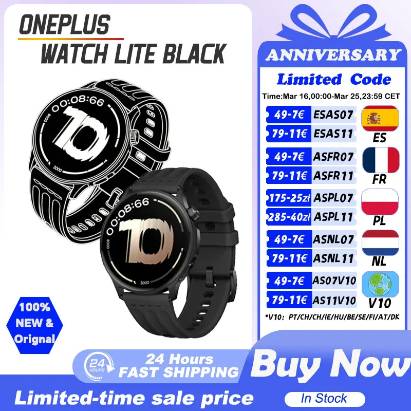 Montre connectée OnePlus Watch Lite version globale, écran AMOLED 1,46'', jusqu'à 10 jours d'autonomie, GPS double bande, montre pour homme