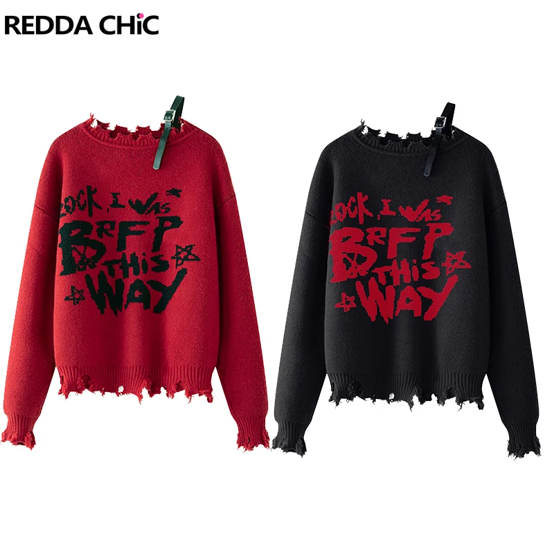 

ReddaChic красные свитера в стиле Харадзюку, трикотаж с принтом, уличная одежда в стиле хип-хоп, рваные пуловеры с рваными отверстиями, свитер, женский топ большого размера