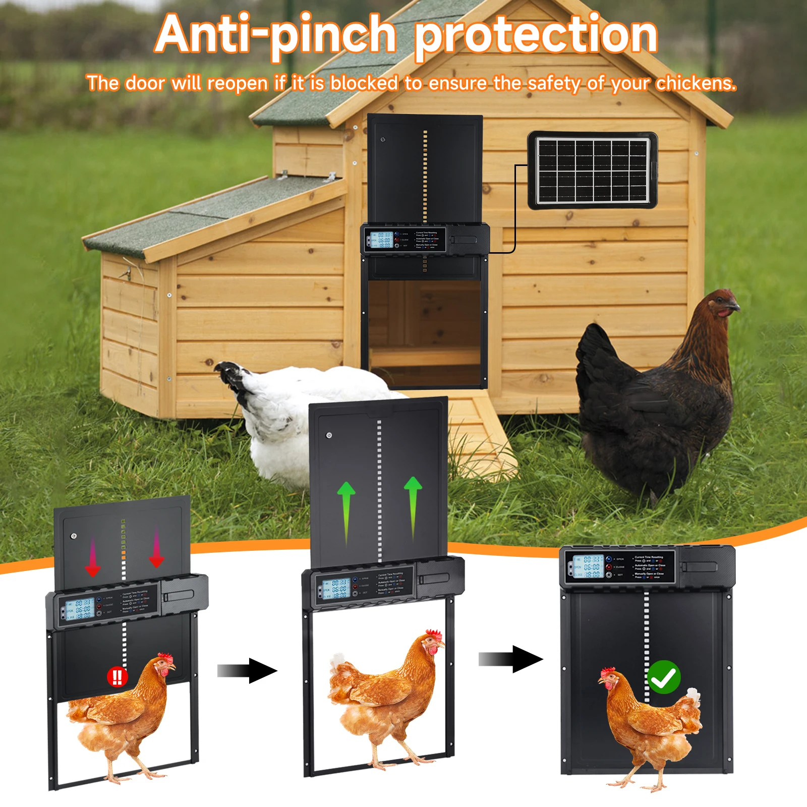 Minuteur de porte automatique pour poulailler, ouverture/fermeture manuelle, chargement USB, conception intelligente anti-pincement