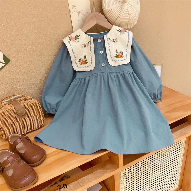 

Girls' Embroidered Large Collar Sweet Forest Style Princess Dress Spring Autumn New Fashionable Dress