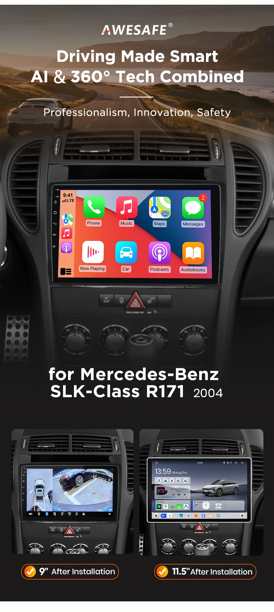 AWESAFE Kabelloses CarPlay Android Auto Radio für Mercedes Benz SLK-Klasse R171 2004-2011 Plug & Play FM BT RDS DSP GPS Multimedia – Detail 2