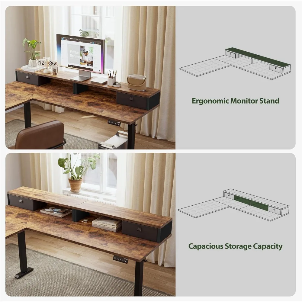 L Shaped Electric Standing Desk with 2 Drawers, 63 Inch Ergonomic Adjustable Height Desk with Storage, Corner Desk, Rustic Brown