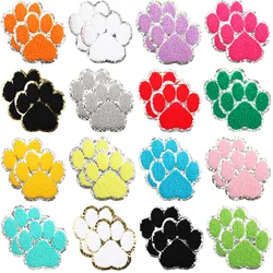 Fleece Towel Embroidery Silver Sequins Border Dog Paw Print Pattern Iron on Patches for Clothing Colored Pet Footprint Applique