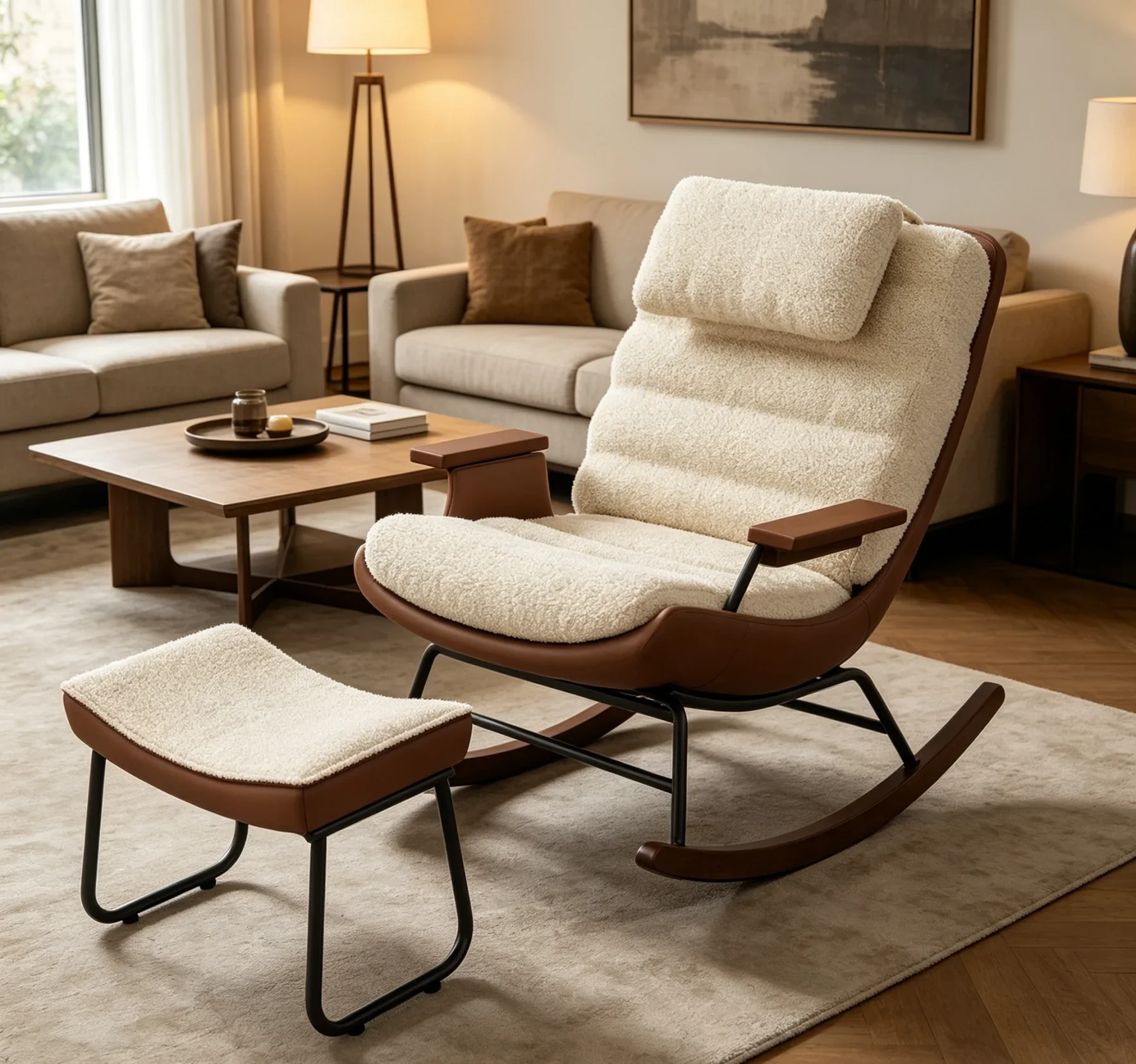 Silla mecedora Rosahqnda con respaldo ajustable en 3 posiciones, sillón con reposacabezas y reposapiés, bolsillos laterales de almacenamiento, beige, pana/lana de cordero