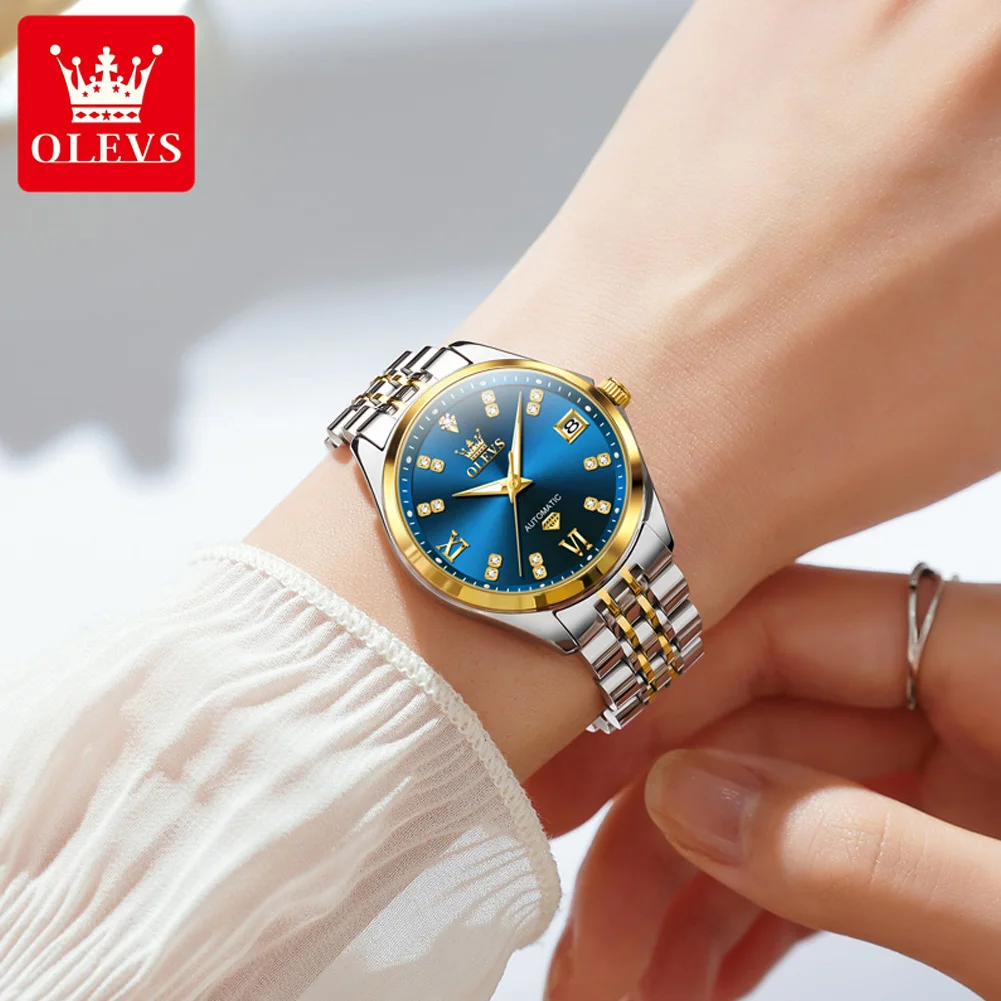 OLEVS 9801 Fashion Waterproof Mechanical Woman Watch Diamond Scale Luxury Date Watch For Women Stainless Steel Strap Wristwatch