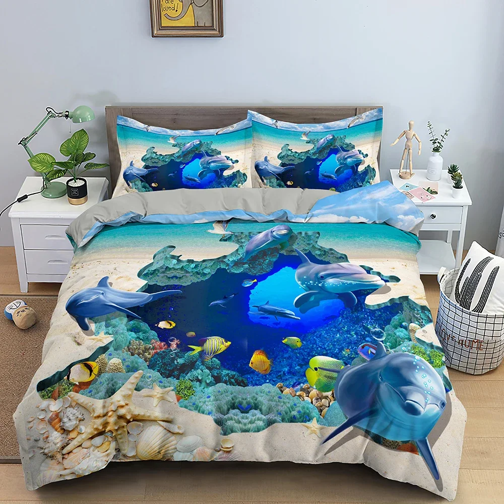 Cartoon Dolphin Duvet Cover King Queen Size Lovely Ocean Animals Bedding Set Kids Blue Sea World 2/3pcs Polyester Quilt Cover