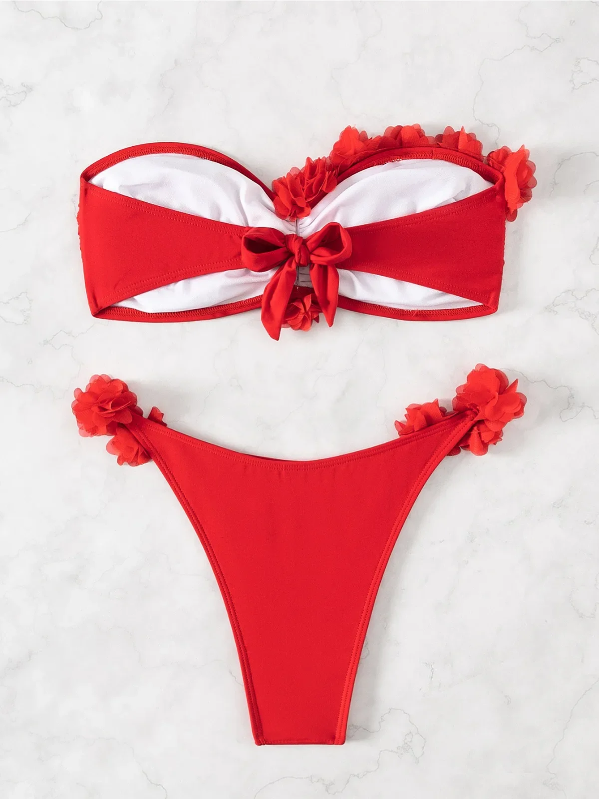 Cor sólida vermelho 3d flor maiô de duas peças sexy sem alças bandeau bikini conjunto sem costas tanga praia férias banho 2024 novo