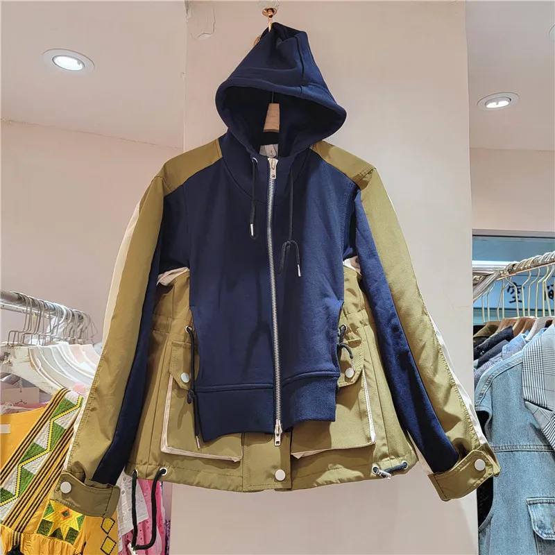 

2024 Spring Autumn New Fashion Style Loose Hooded Panel Coat Jacket Women Zipper Casual Contrast Top LX196