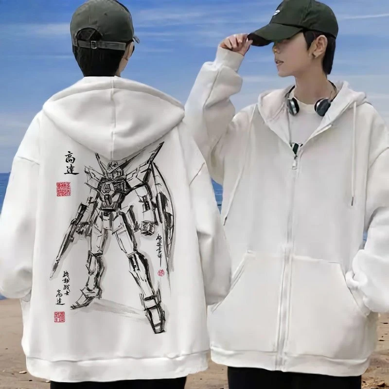 Gundam Unicorn Rx0 witte hoodie heren anime rugprint katoen casual lange mouw herfst winter streetwear mode cosplay jas