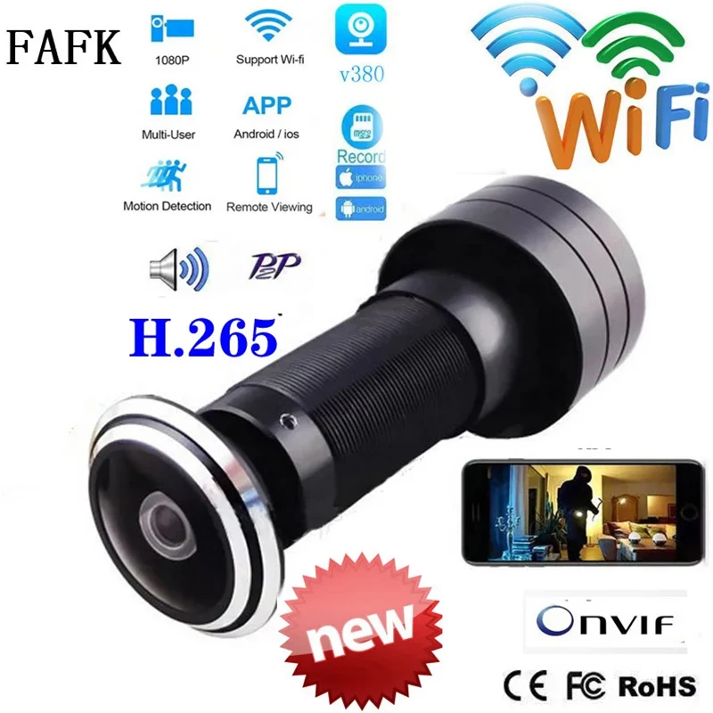 V380 Otwór na drzwi Bezpieczeństwo 1080P HD Obiektyw 1,7 mm Szerokokątny FishEye CCTV Sieć Mini Wizjer Drzwi Kamera WifI P2P ONVIF