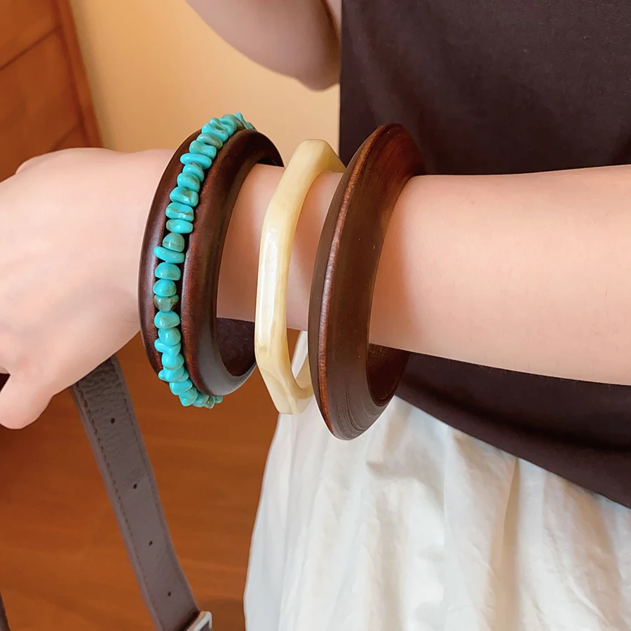 DREJEW 3 Pcs Solid Smooth Wooden‑Look Bangle‑Style Bangles Stackable Decor Bracelet for Women Daily Casual Jewelry Occasion