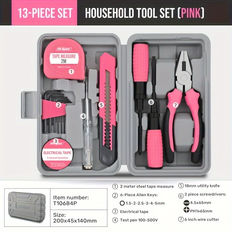 1 Set Of Household Tools In A Pink Toolbox Including Pliers Tape Measure Hammer Other Tools In A Portable Small For Home Repairs