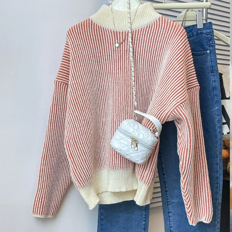 

Осень-зима винтажный толстый свитер в полоску женская одежда удобный теплый джемпер модные свободные вязаные пуловеры для поездок на работу