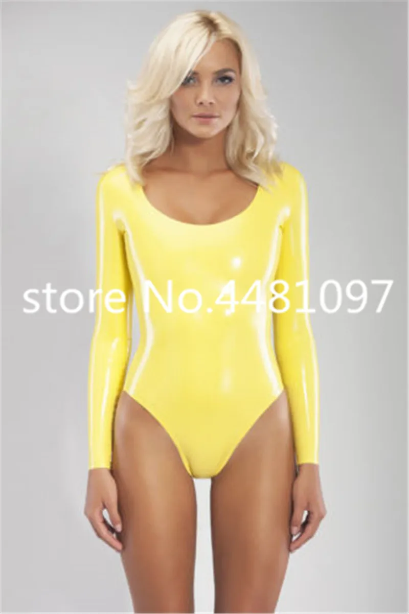 Latex Rubber Yellow Swimsuit Long Sleeve Bodysuit Leotard Jumpsuit Catsuit With Briefs lingerie one piece