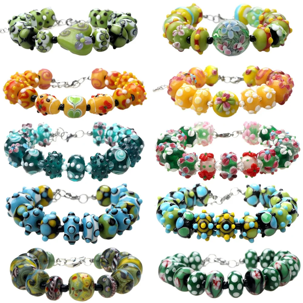 Only Sell 1set!! No Duplicates!! Sky blue+yellow+Green Spring!!! Pure Handmade Retro Lampwork Glass Beads For Charm Bracelets!