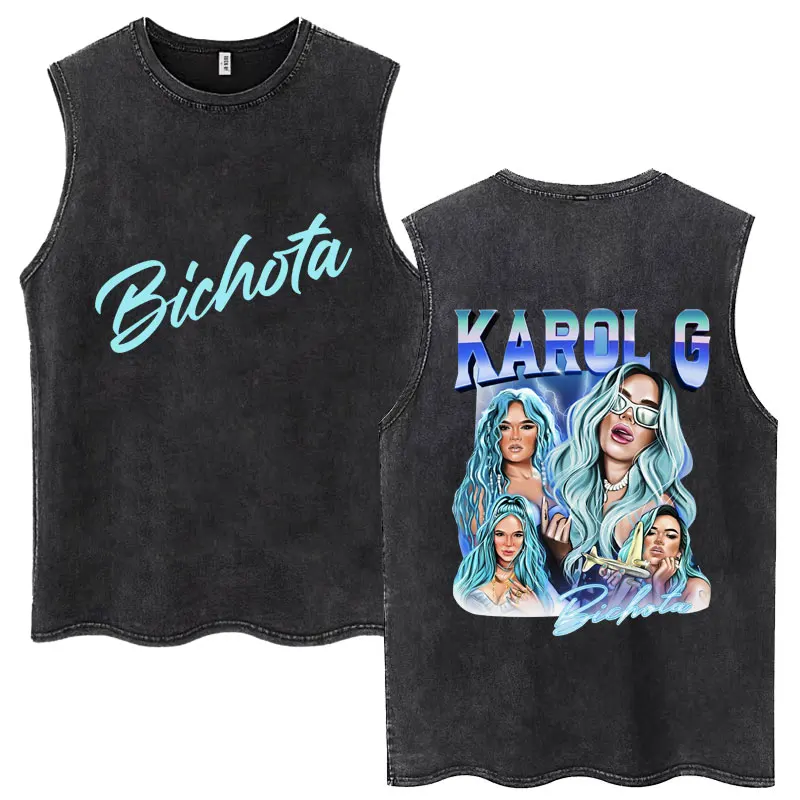 Hot Sale Karol G Bichota Music Album Washed Tank Tops Hip Hop Fashion Men Women Breathable Cozy Cotton Oversized Sleeveless Tees