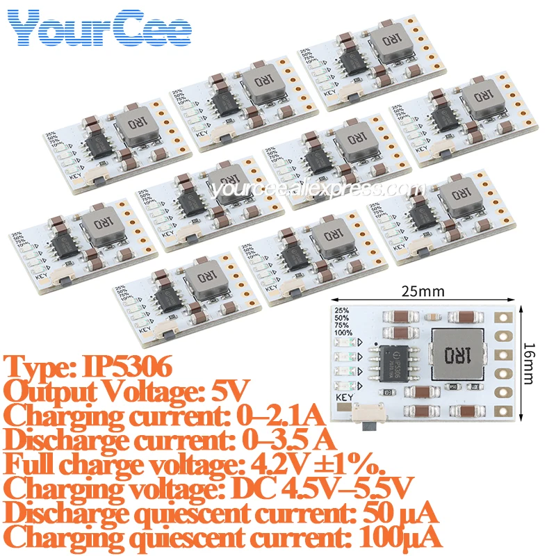 10pcs/1pc IP5306 Charge/Discharge Module 5V/2A 3.7V 4.2V 18650 Lithium Batteries Charging Boost Power Module with Protection