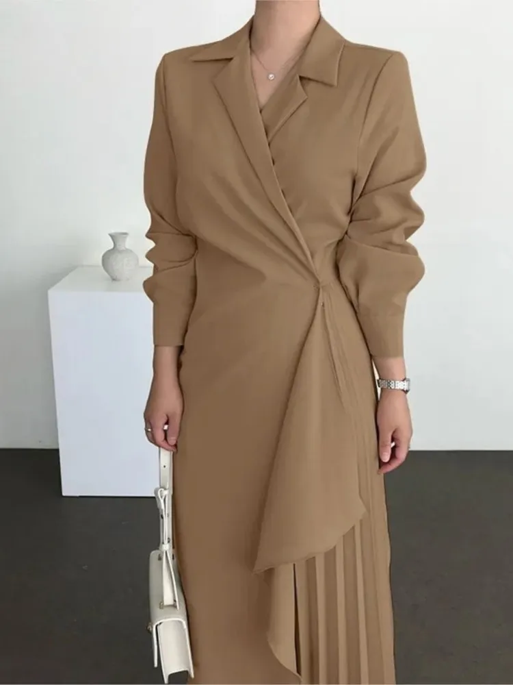 فساتين أنيقة لطيفة للنساء 2024 قميص مطوي محززة فستان طويل ربيع الخريف مكتب سيدة خمر بلون البدلة رداء