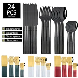 24pcs Dinnerware Sets Stainless Steel Black Tableware Set Knife Fork Spoon Flatware Set Cutlery Set Knife Fork Spoon Tea Spoon