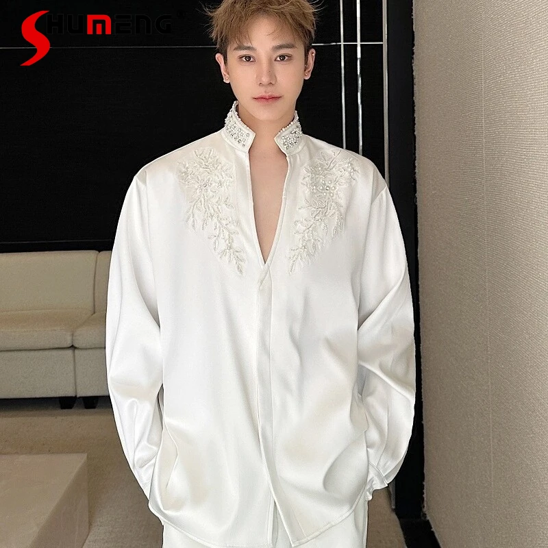 

Men's 2026 Spring New High-End Tops Trendy Pearl Rhinestone Stand Collar Beaded Design Satin Shirts Male Long Sleeve Chic Shirts