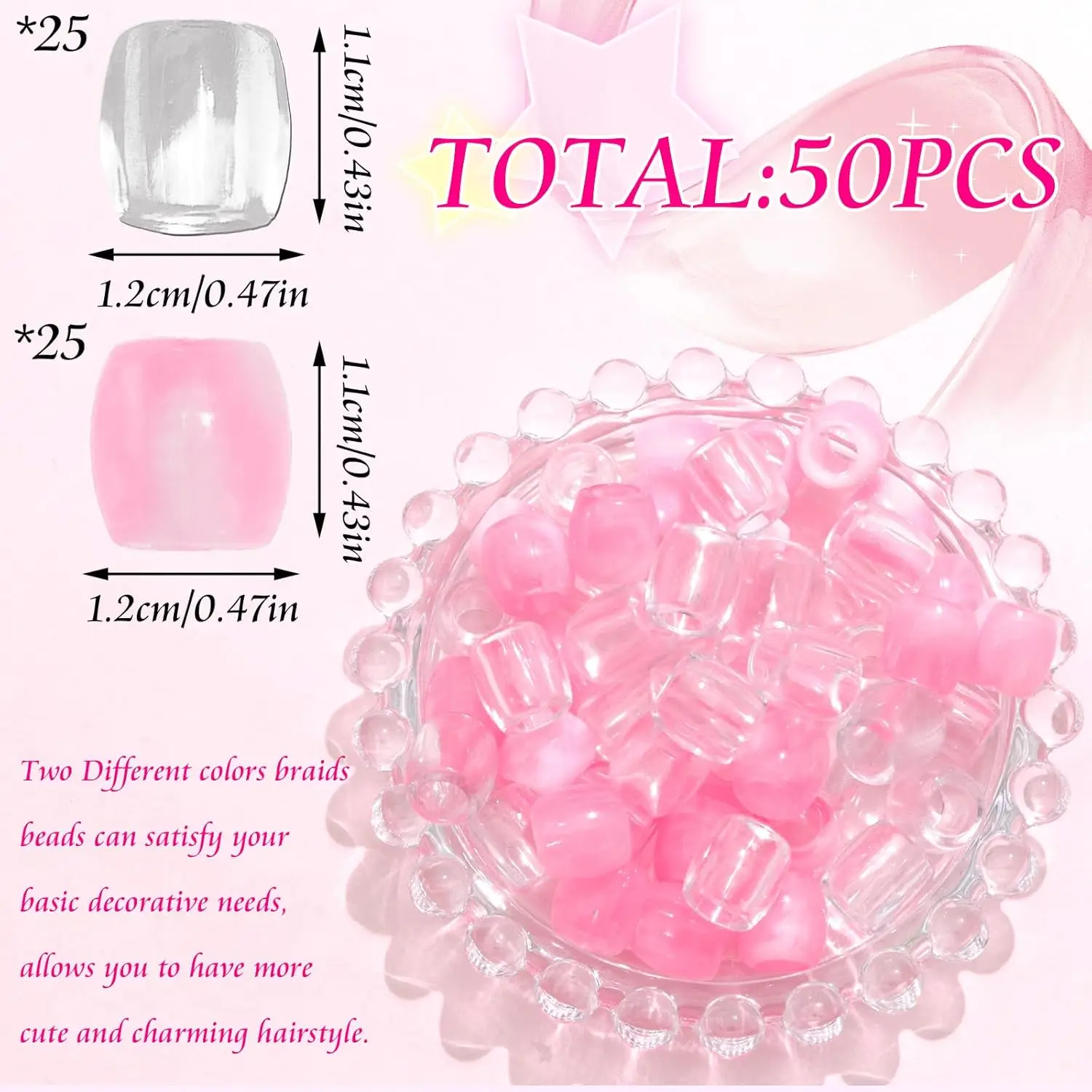 50PCS Yellow Pink And Rose Red Color Dreadlock Hair Beads Cute Braids Accessories with Clear Acrylic Beads & Tool