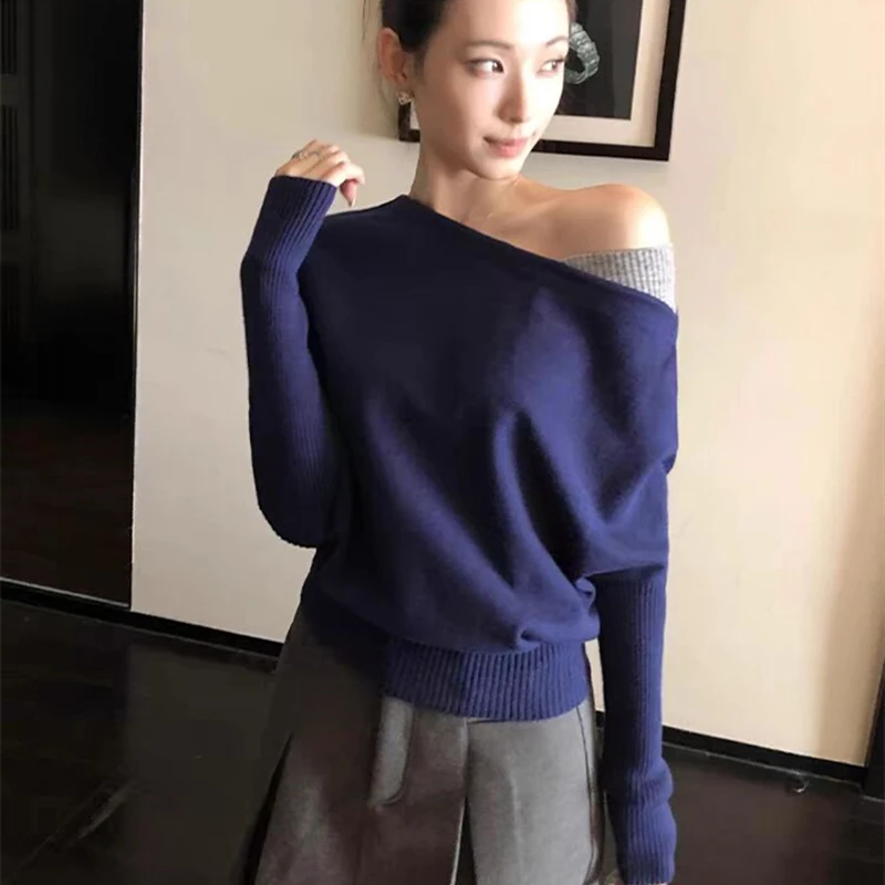 2025 Korean Version Office Color Block Diagonal Shoulder Long Sleeve Knitted Sweater Women's Elegant off Shoulder Soft Top