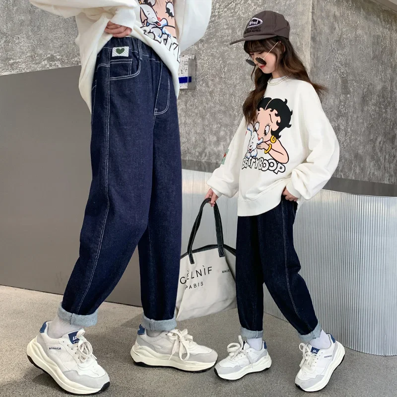 Girls' Jeans Winter Children's Clothing New 2024 Children's Medium and Older Children's Girls Straight Pants Casual Fleece Thick