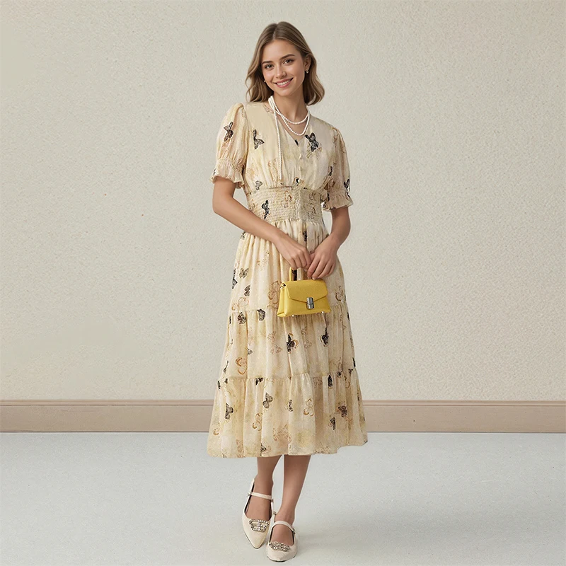 Summer V-neck Bubble Sleeve Single-Breasted Button-Up Waist Print Midi-Length Short-Sleeved Dress