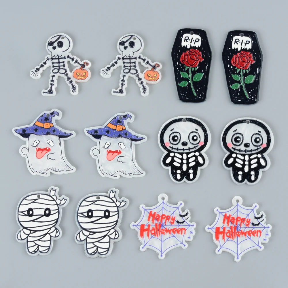 6pcs Spider Ghost Happy Halloween Pumpkin Charms Lot Acrylic Christmas Charms Pendants For Diy Bracelet Earrings Jewelry Making