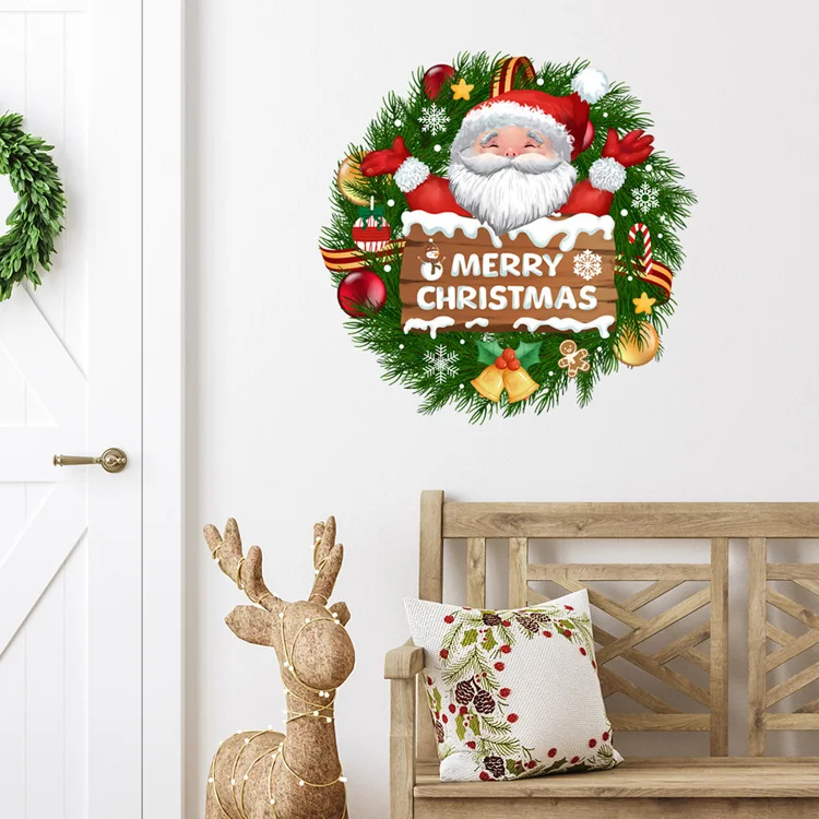 Weihnachtsmann-Kranz-Glocken-Wandaufkleber für Wohnzimmer, Tür, Heimdekoration, Wandbild, Glasfenster, Neujahrsdeko, selbstklebende Aufkleber – Detail 3