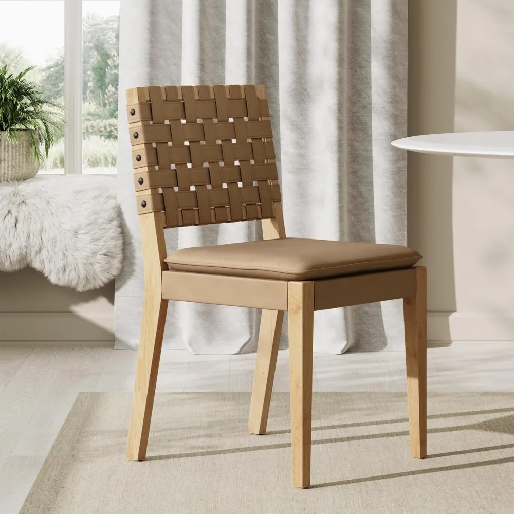 

Cohen Wood Dining Chair, Mid-Century Modern Upholstered Side Chair with Hand Woven Faux Leather Backrest, 20D x 18W